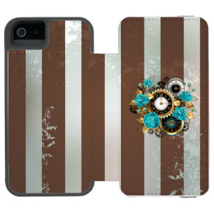 Steampunk時計とターコイズバラオンストライプの iPhone SE/5/5sウォレットケース