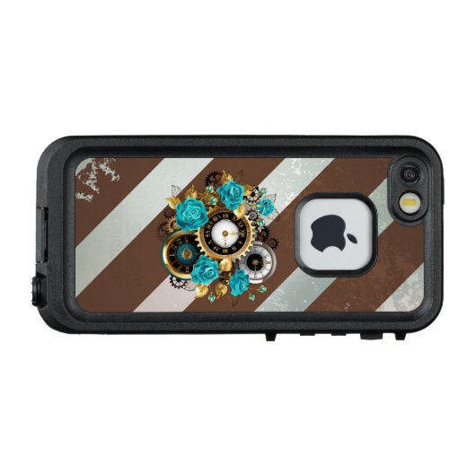 Steampunk時計とターコイズバラオンストライプの LifeProof iPhoneケース (裏面横)