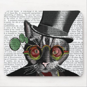 Steampunk猫-シルクハットおよび赤く黄色いガラス マウスパッド