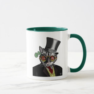 Steampunk猫-シルクハットおよび赤く黄色いガラス マグカップ