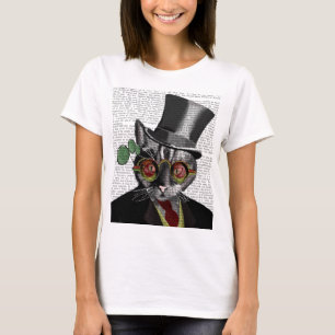 Steampunk猫-シルクハットおよび赤く黄色いガラス Tシャツ