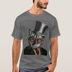 Steampunk猫-シルクハットおよび赤く黄色いガラス Tシャツ