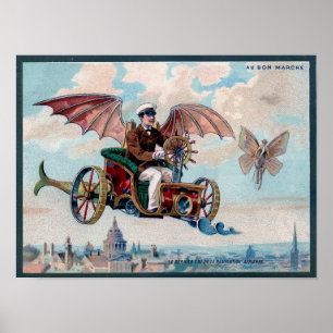 Steampunk素晴らしい飛んでいるな車 ポスター
