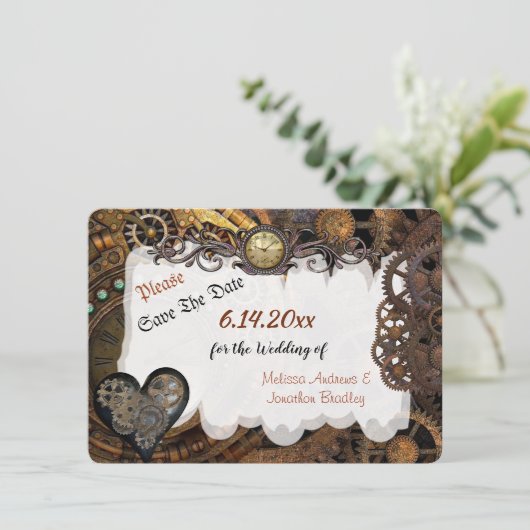 Steampunk結婚式の日付を保存 シーズンカード (スタンド正面)