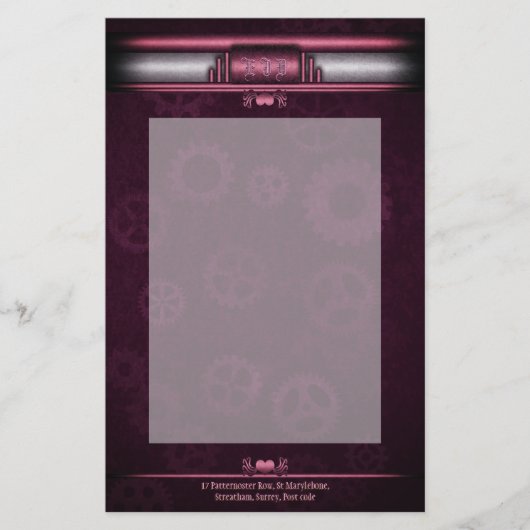 Steampunk、ピンクのハートオンギア、モノグラム 便箋 (正面)