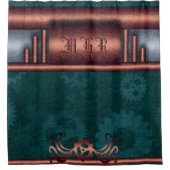 Steampunk、銅オンティール(緑がかった色)スプロケット、Monogram シャワーカーテン (正面)