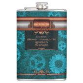 Steampunk、銅、ティール(緑がかった色)ギアホイール、モノグラム フラスク (正面)