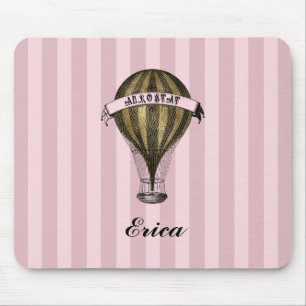 Steampunk Airship on Vintage Pink Stripes Monogram マウスパッド