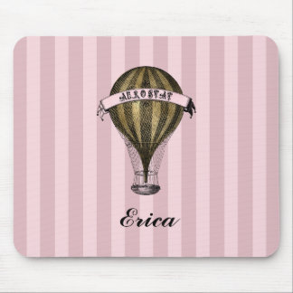 Steampunk Airship on Vintage Pink Stripes Monogram マウスパッド