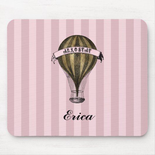 Steampunk Airship on Vintage Pink Stripes Monogram マウスパッド (正面)
