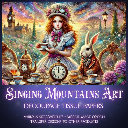 Steampunk Alice and White Rabbit Teatime Decoupage 薄葉紙