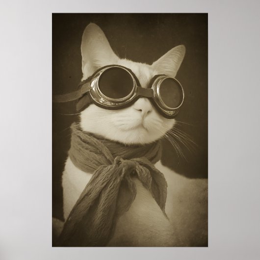 Steampunk Aviator Cat Sepia Portrait ポスター (正面)