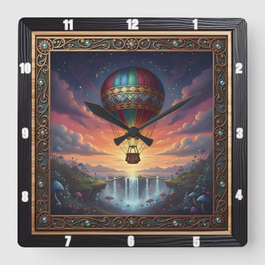 Steampunk Balloon Fantasy Waterfall スクエア壁時計 (正面)