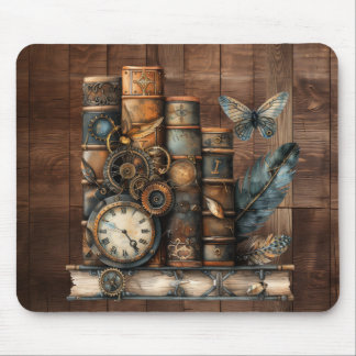 Steampunk Books Wood Background Mousepad マウスパッド