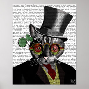Steampunk Cat – トップハットと赤い黄色のメガネ ポスター