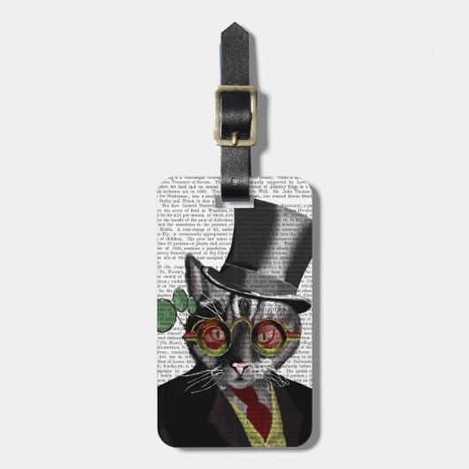 Steampunk Cat – トップハットと赤い黄色のメガネ ラゲッジタグ (正面縦)