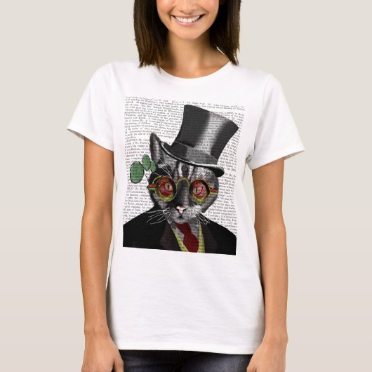 Steampunk Cat – トップハットと赤い黄色のメガネ Tシャツ (正面)