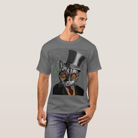 Steampunk Cat – トップハットと赤い黄色のメガネ Tシャツ (正面フル)