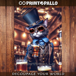 Steampunk cat, hat, goggles and beer - Decoupage  ラッピングペーパーシート