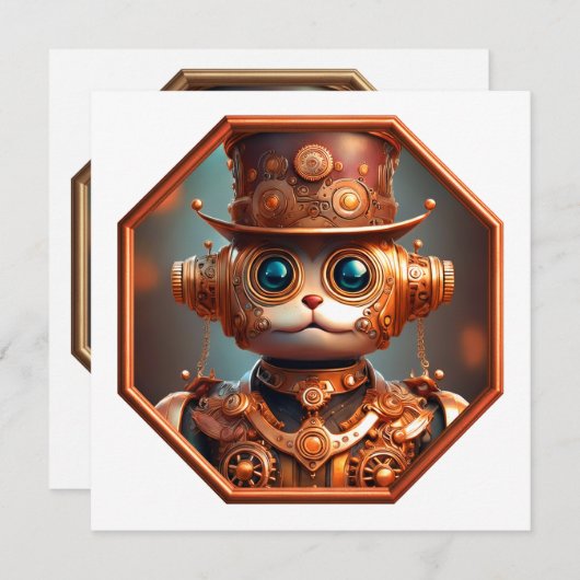 Steampunk Cat Soldier In 8 Sided Bronze Frame 招待状 (正面/裏面)