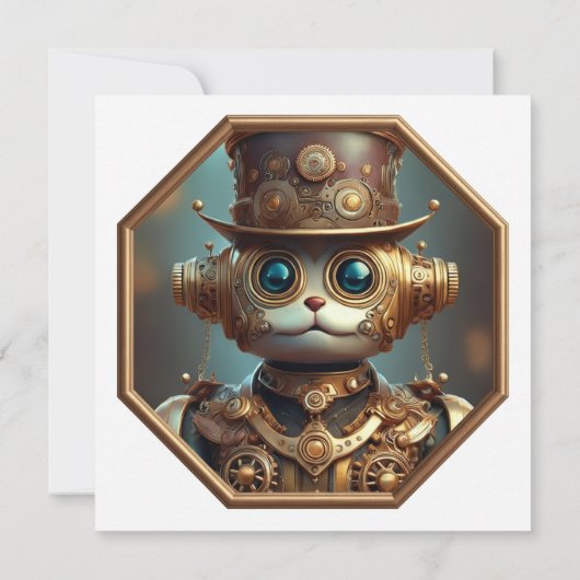 Steampunk Cat Soldier In 8 Sided Bronze Frame 招待状 (裏面)