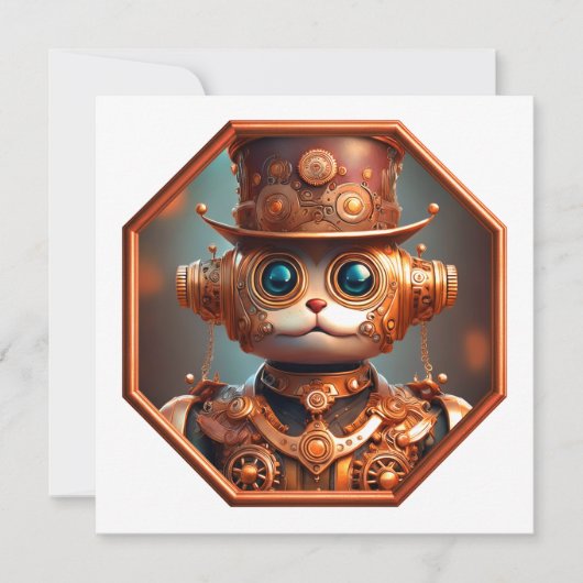 Steampunk Cat Soldier In 8 Sided Bronze Frame 招待状 (正面)