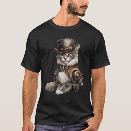 Steampunk Cat With Hat Graphic Design Cat  Fantasy Tシャツ (正面)