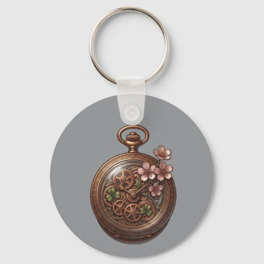 Steampunk Celtic Clover & Cherry Blossom Keychain キーホルダー (正面)
