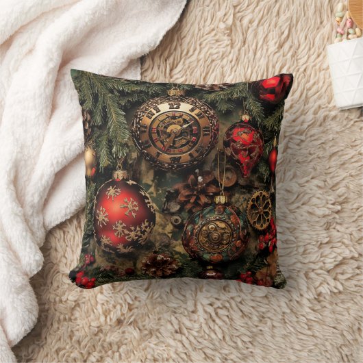 Steampunk Christmas Throw Pillow クッション (ブランケット)