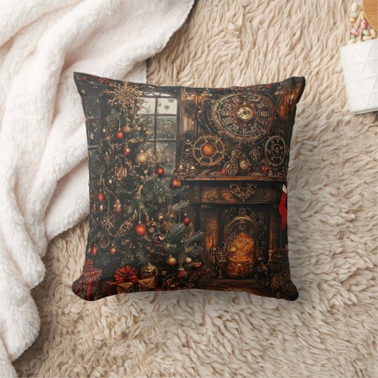 Steampunk Christmas Throw Pillow クッション (ブランケット)