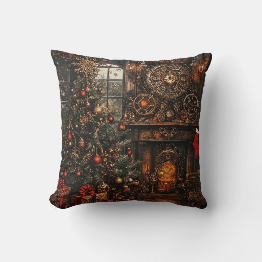 Steampunk Christmas Throw Pillow クッション (正面)