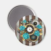 Steampunk Clock and Turquoise Roses on Striped マグネット (正面/裏面)