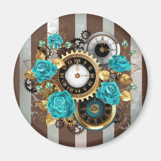 Steampunk Clock and Turquoise Roses on Striped マグネット (正面)