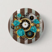 Steampunk Clock and Turquoise Roses on Striped 缶バッジ (正面)
