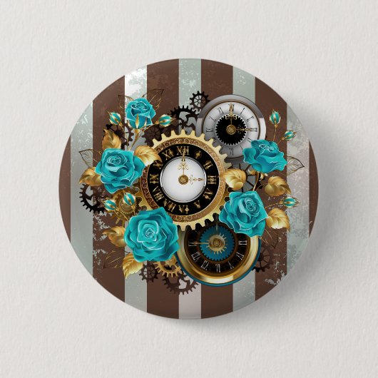 Steampunk Clock and Turquoise Roses on Striped 缶バッジ (正面)
