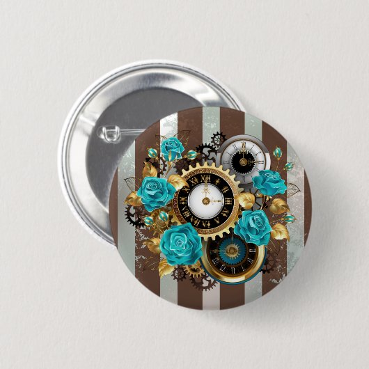 Steampunk Clock and Turquoise Roses on Striped 缶バッジ (正面&裏面)