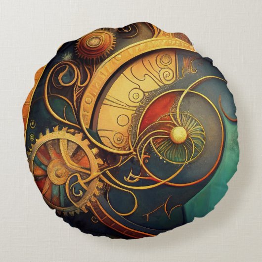 Steampunk Clockwork Abstract Design ラウンドクッション (裏面)
