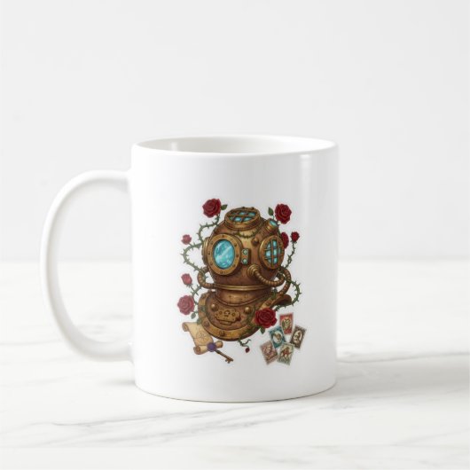 Steampunk Deep Sea Diver Helmet Fantasy Illustrati コーヒーマグカップ (左)