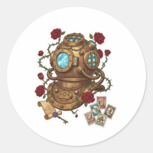 Steampunk Deep Sea Diver Helmet Fantasy Illustrati ラウンドシール (正面)