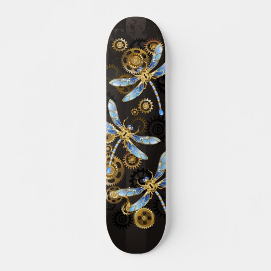 Steampunk Dragonflies on brown striped background スケートボード (正面)