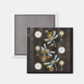 Steampunk Dragonflies on brown striped background マグネット (正面/裏面)