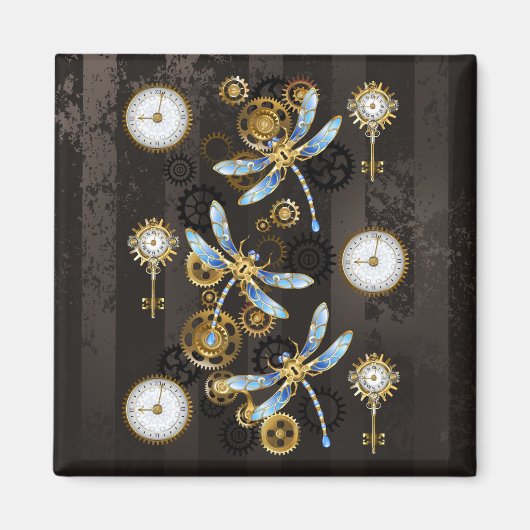 Steampunk Dragonflies on brown striped background マグネット (正面)