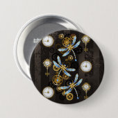 Steampunk Dragonflies on brown striped background 缶バッジ (正面&裏面)