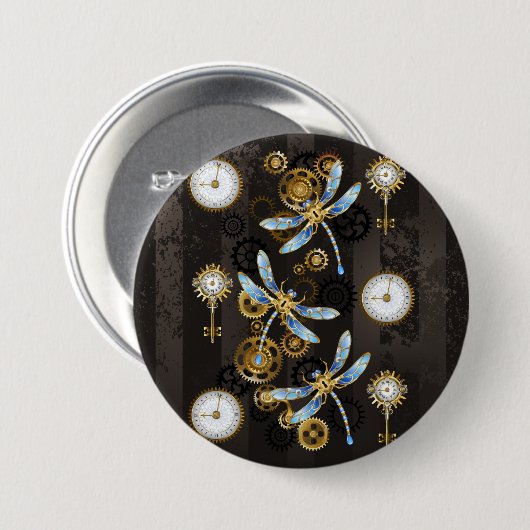 Steampunk Dragonflies on brown striped background 缶バッジ (正面&裏面)