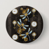 Steampunk Dragonflies on brown striped background 缶バッジ (正面)