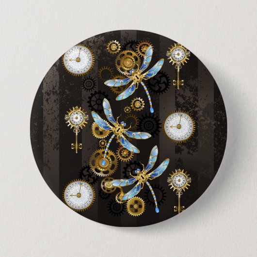 Steampunk Dragonflies on brown striped background 缶バッジ (正面)
