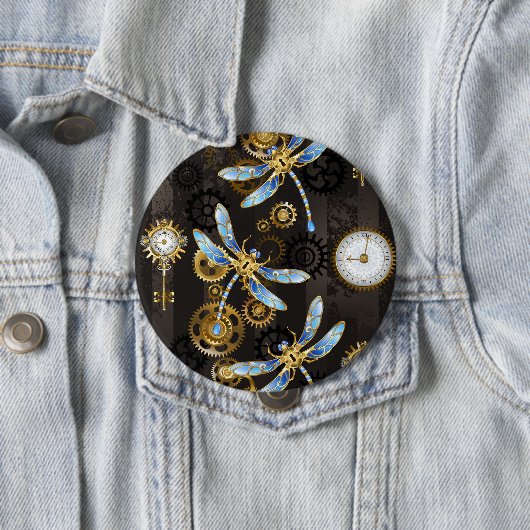 Steampunk Dragonflies on brown striped background 缶バッジ (インサイチュ)