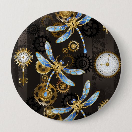 Steampunk Dragonflies on brown striped background 缶バッジ (正面)