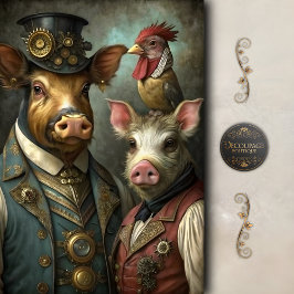 Steampunk Farm Animal Whimsical Vintage Decoupage 薄葉紙