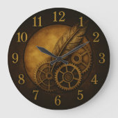 Steampunk Feather Clock – Antique Gold Art ラージ壁時計 (正面)